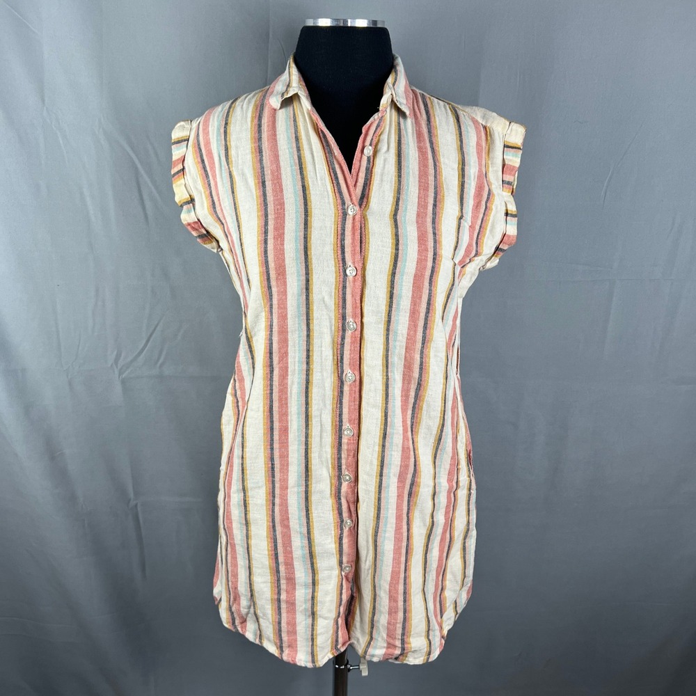 Harper Shirt Women XS Multi Striped Cotton Sleeveless Spread Collar Button Front